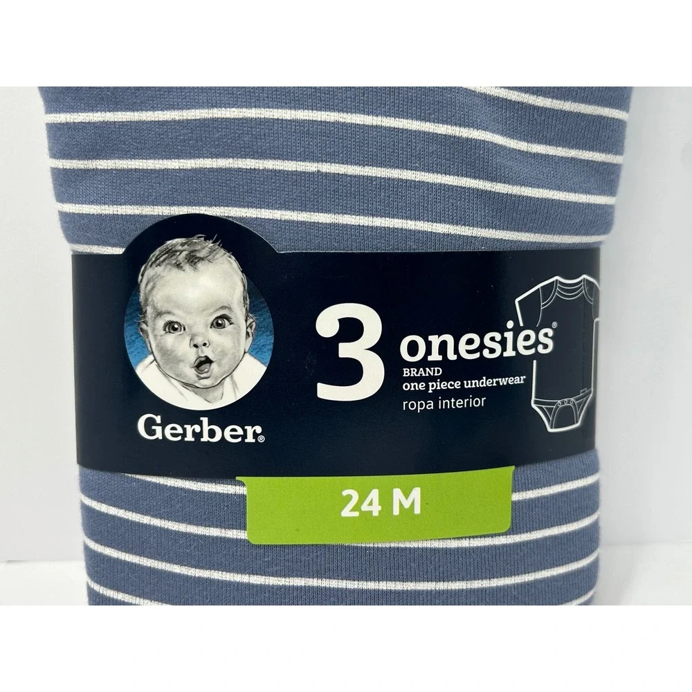 Gerber 3‎ Pack Blue White Striped Onesies Bodysuits 24M New 100% Cotton